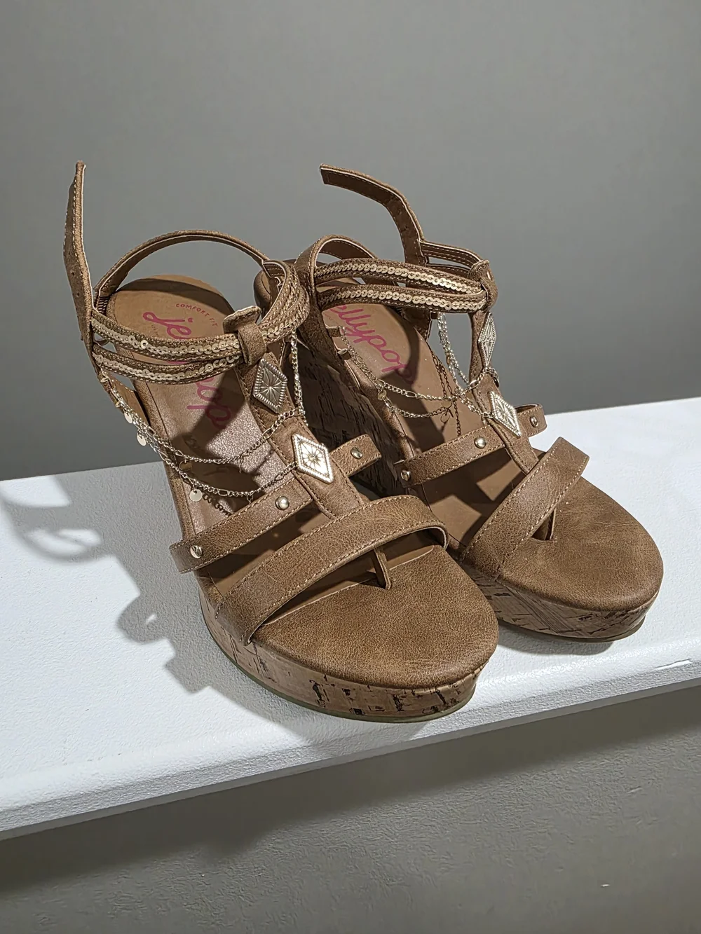 Jellypop Brown Wedge Sandals with Chain & Gem Accents